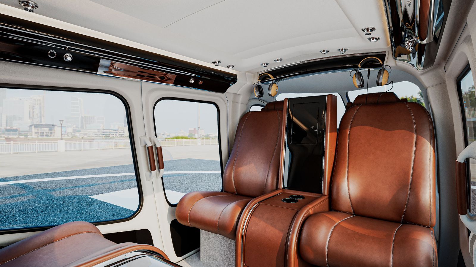 Interior real da cabine de passageiros de um helicóptero executivo para fretamento